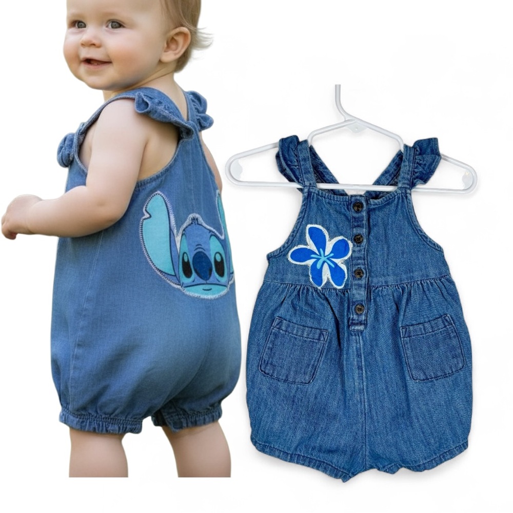 Old Navy LILO and Stitch 6-12 Month Classic Blue Denim Overalls Hand‎ Crafted